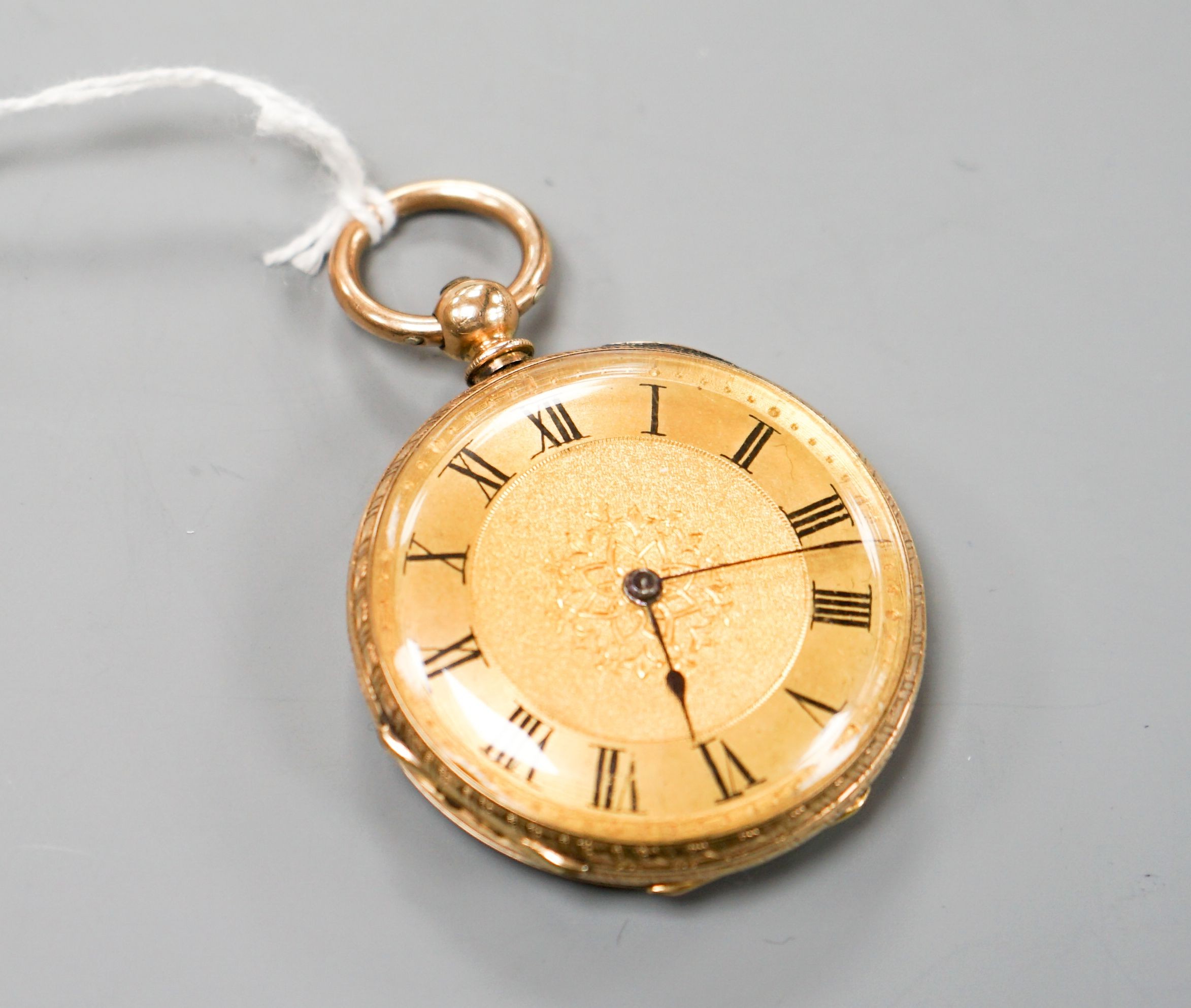 An engraved 14k open face keywind fob watch, case diameter 40mm, gross weight 51.4 grams.
